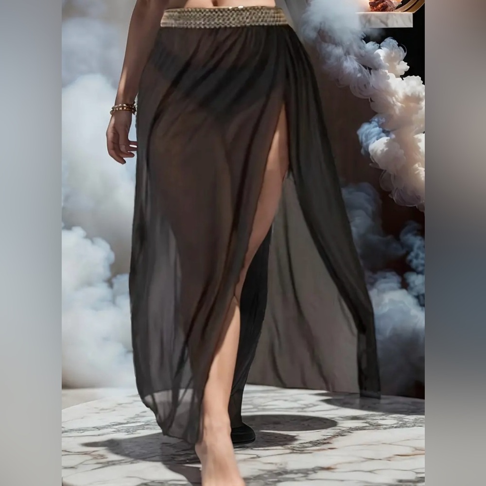 NEW| Plus Size Semi-Sheer Split Cover Up Skirt With High Cut Brief 2 Piece Set - Picture 3 of 6